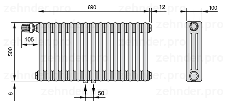 Схема (чертеж) Радиатор Zehnder Charleston 3050/15 №V007 Белый глянцевый RAL 9016